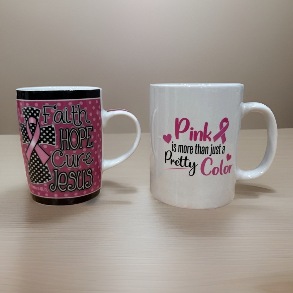Breast Cancer Awareness Pink Ribbon Coffee Mug Set of 2 Cups Support Gift